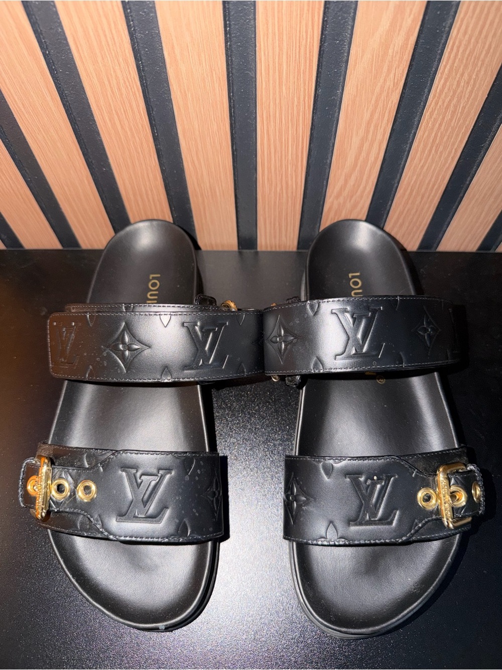Louis Vuitton Black Embossed Monogram Double-Strap Slide Sandals - Picture 4 of 15